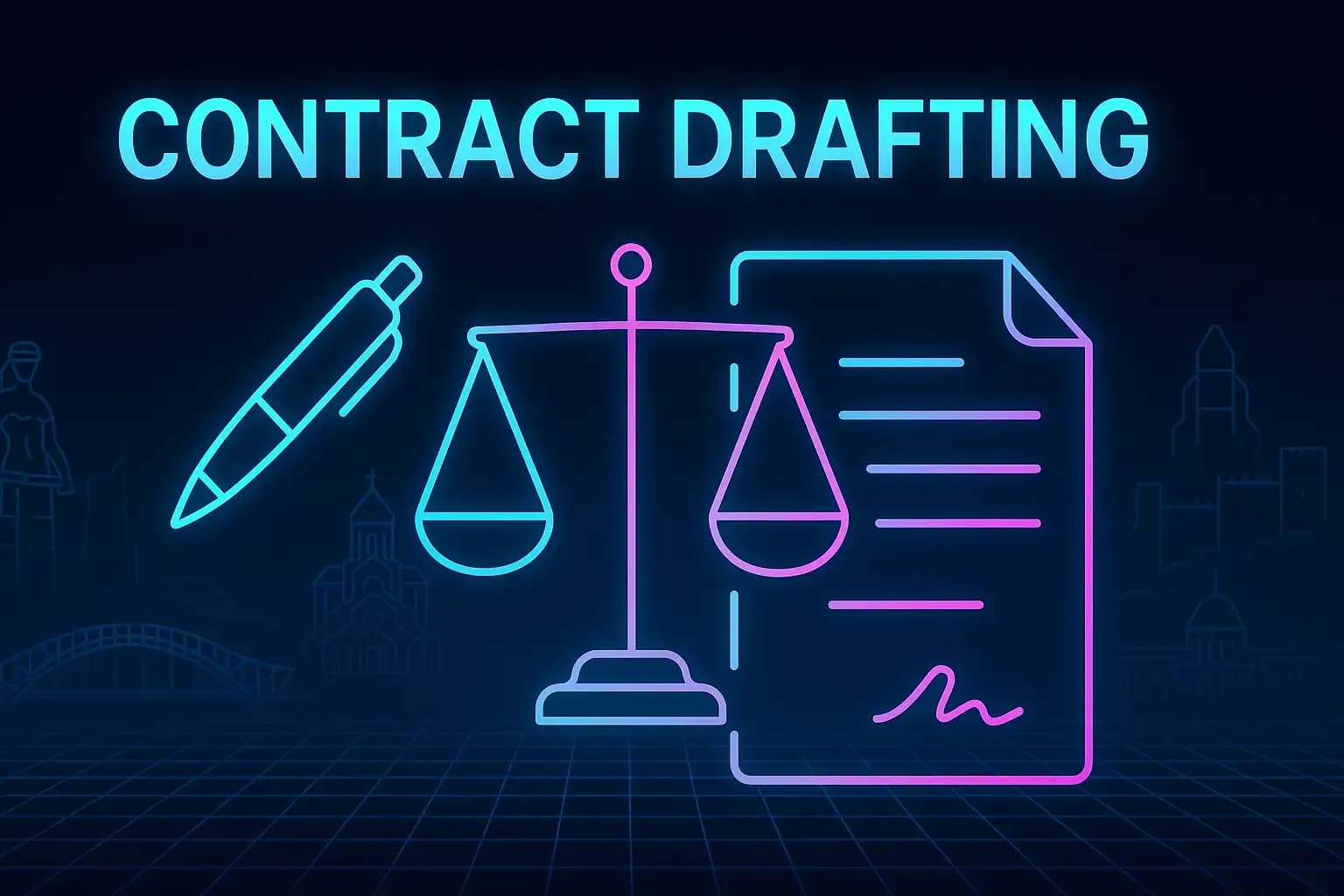 Futuristic neon illustration titled “Contract Drafting.” Centered cyan–magenta icons of scales, document, and pen glow on a dark navy grid. Faint neon outlines of Tbilisi landmarks—Bridge of Peace, Sameba Cathedral, and Mother of Georgia—form a symmetrical cyberpunk legal-tech composition.