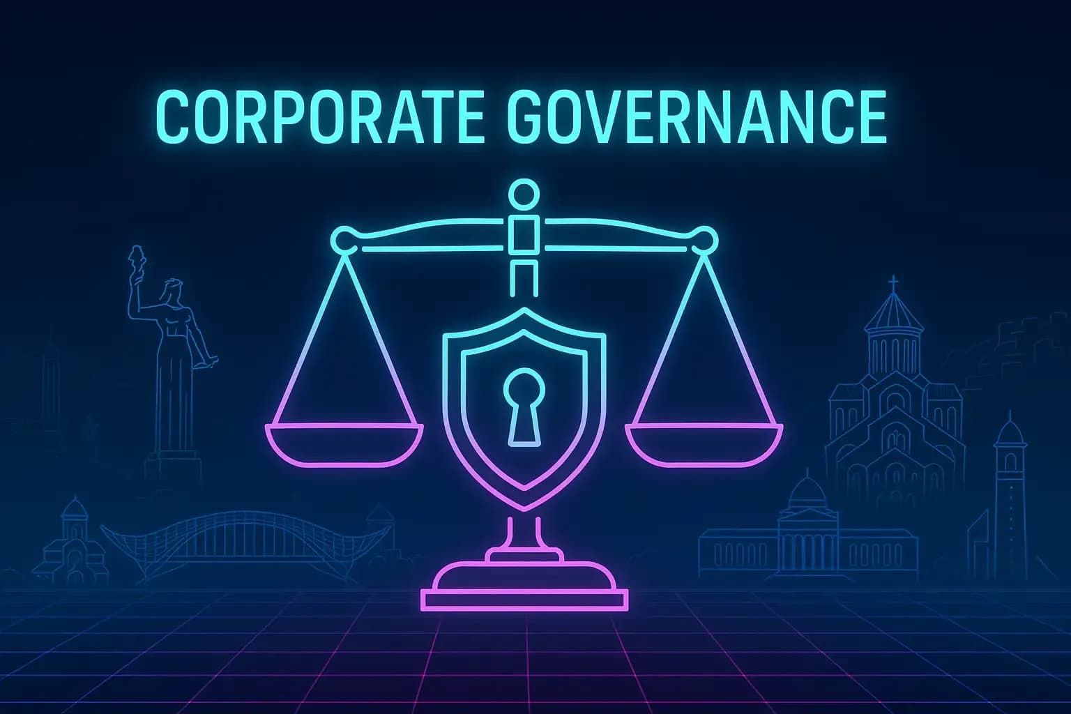 Futuristic neon illustration titled “Corporate Governance.” Centered cyan–magenta icons of scales and shield glow on a dark navy grid. Faint neon outlines of Tbilisi landmarks—Bridge of Peace, Sameba Cathedral, and Mother of Georgia—create a balanced, symmetrical cyberpunk legal-tech composition.