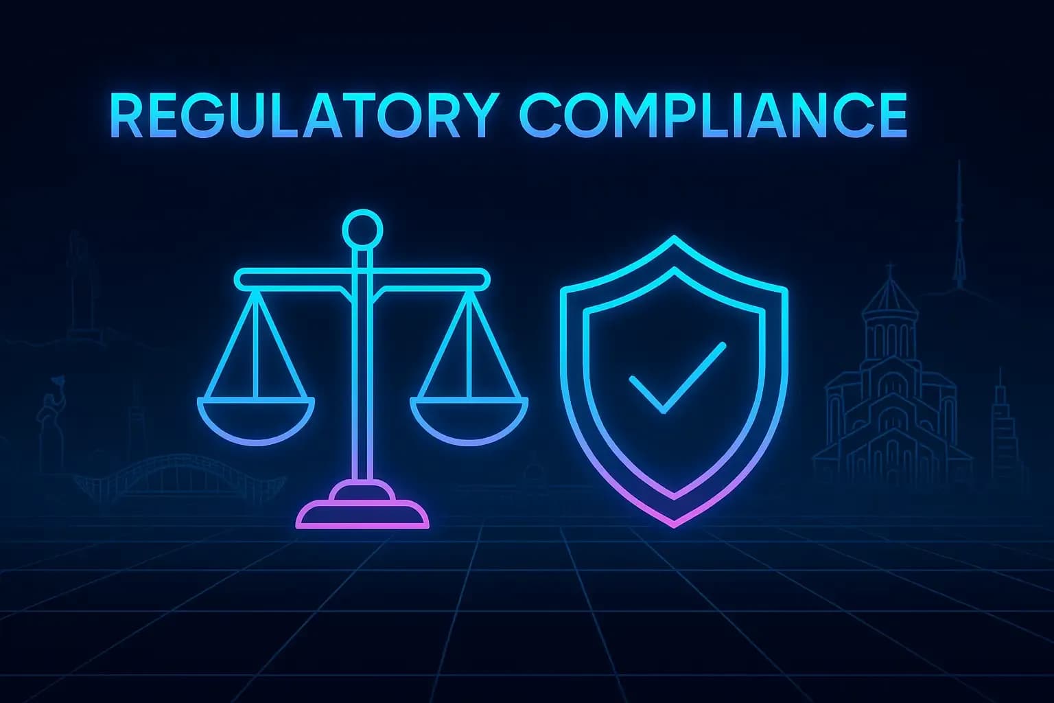 Futuristic neon illustration titled “Regulatory Compliance.” Central cyan–magenta icons of scales and shield with a checkmark glow over a dark navy digital grid. Faint neon outlines of Tbilisi landmarks—Mother of Georgia, Bridge of Peace, and Sameba Cathedral—create a balanced cyberpunk composition symbolizing law, governance, and integrity.
