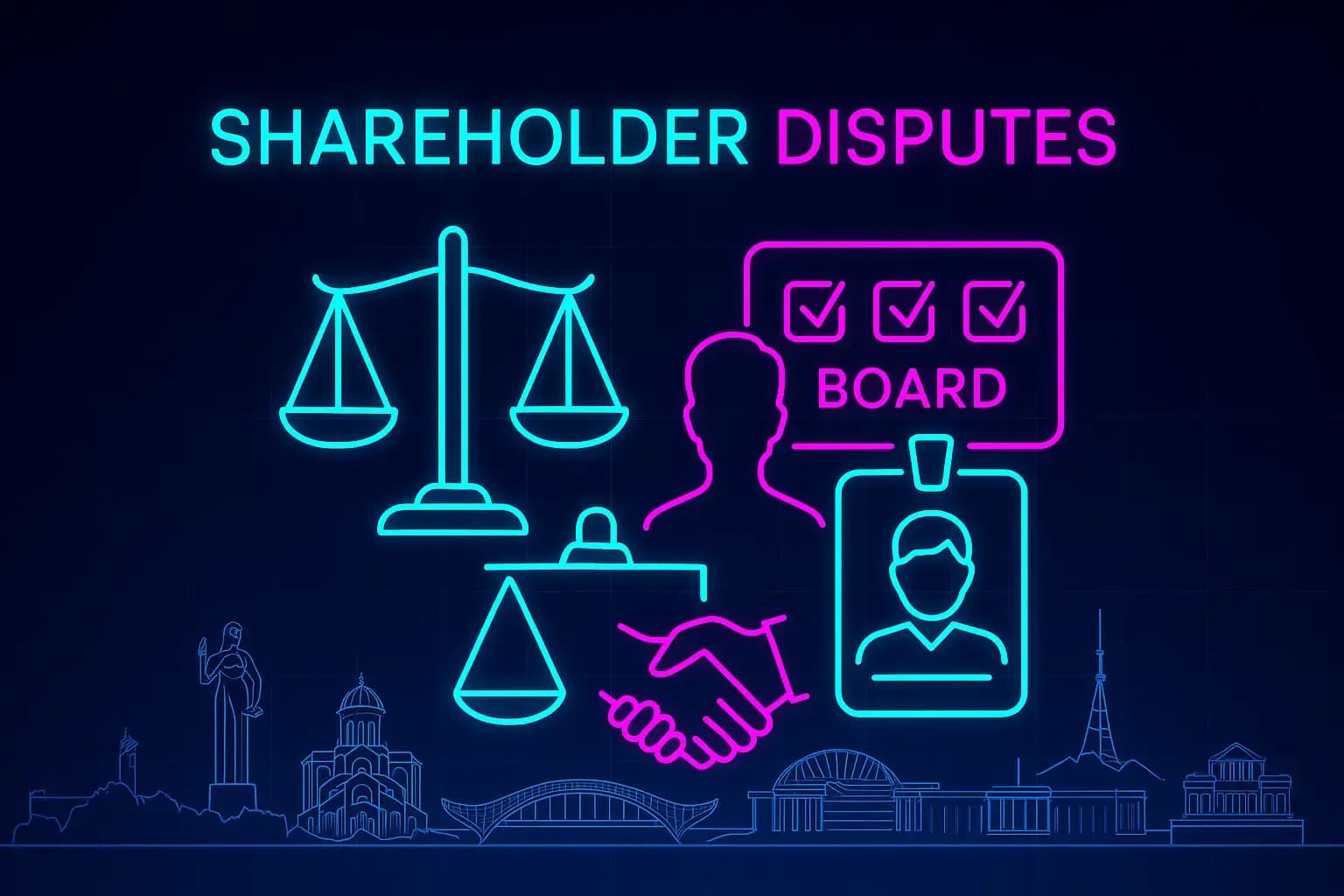 Futuristic neon illustration titled “Shareholder Disputes.” Central cyan–magenta icons of scales, handshake, and board voting symbols glow on a dark navy grid. Faint neon outlines of Tbilisi landmarks—Bridge of Peace, Sameba Cathedral, and Mother of Georgia—create a symmetrical cyberpunk legal-tech composition representing conflict resolution in corporate governance.