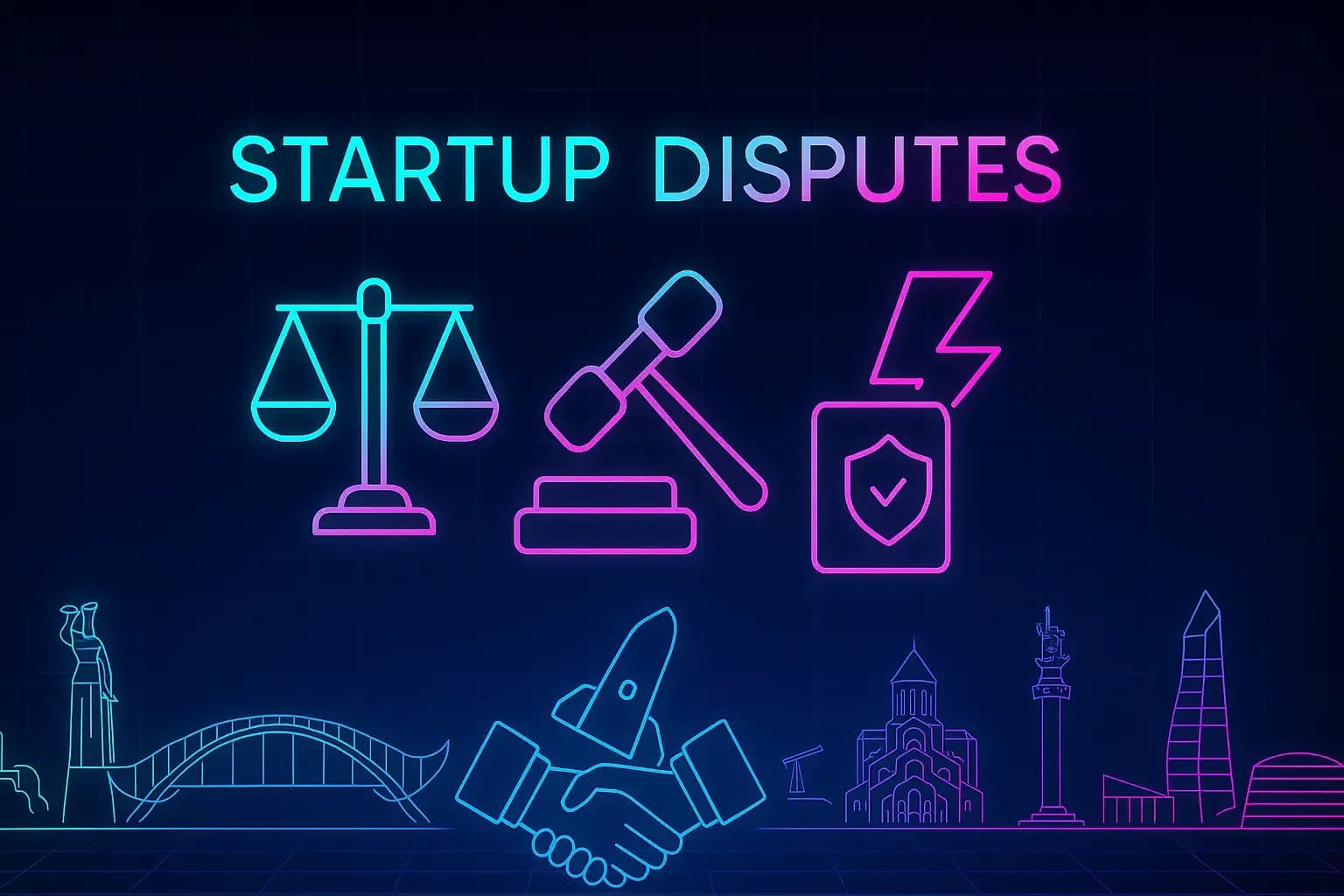 Futuristic neon illustration titled “Startup Disputes.” Central cyan–magenta icons of scales, gavel, and lightning bolt glow over a dark navy grid. Faint neon outlines of Tbilisi landmarks—Bridge of Peace, Sameba Cathedral, and Mother of Georgia—form a symmetrical cyberpunk legal-tech composition symbolizing justice, innovation, and conflict resolution.