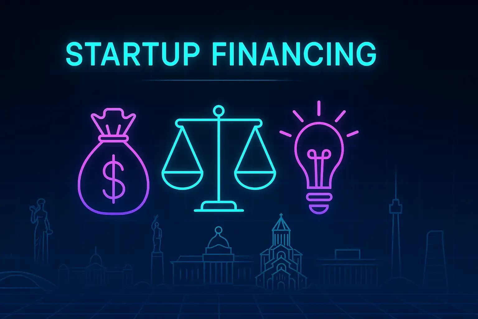 Futuristic neon illustration titled “Startup Financing.” Central cyan–magenta icons of a rocket, coin stacks, and balance scales glow over a dark navy grid. Faint neon outlines of Tbilisi landmarks—Bridge of Peace, Sameba Cathedral, and Bank of Georgia Building—form a balanced cyberpunk composition symbolizing innovation, funding, and legal structure in business growth.
