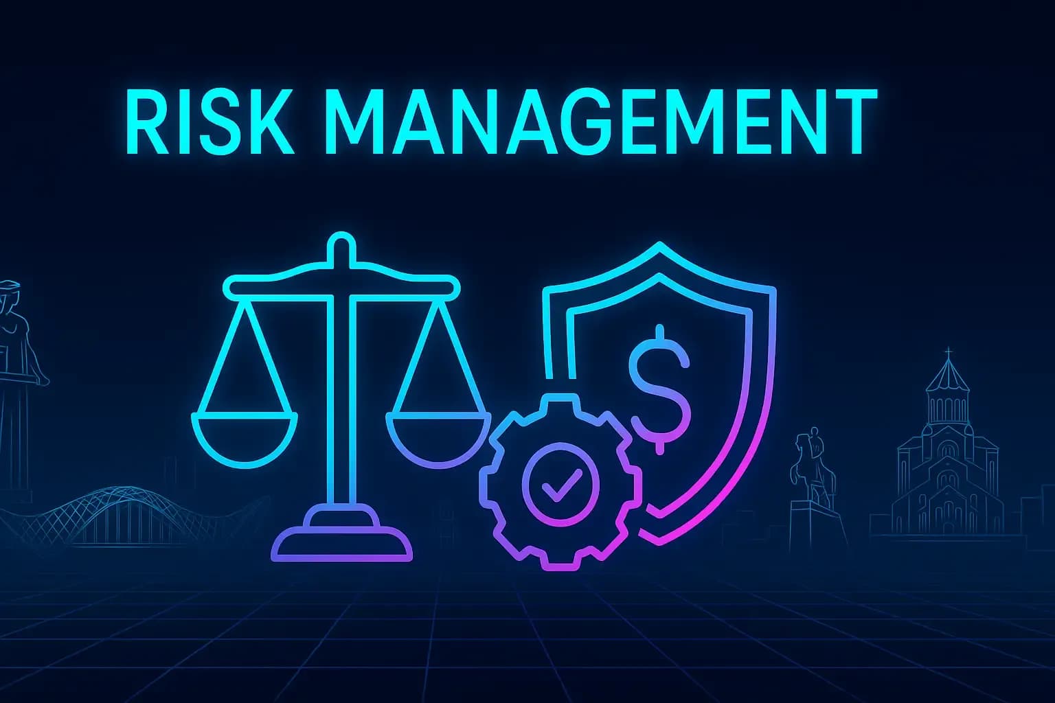 Futuristic neon illustration titled “Risk Management.” Central cyan–magenta icons of scales, shield, and warning triangle glow over a dark navy grid. Faint neon outlines of Tbilisi landmarks—Bridge of Peace, Sameba Cathedral, and Mother of Georgia—form a symmetrical cyberpunk legal-tech composition representing protection and strategy.